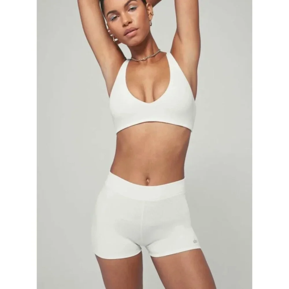 Alo Microwaffle Pleasant Boyshort Ivory Cream Waffle Thermal Mini Stretch Shorts